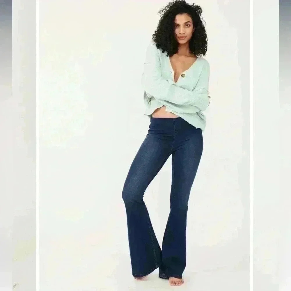 Free People Dark Blue High-Rise Flare Jeans